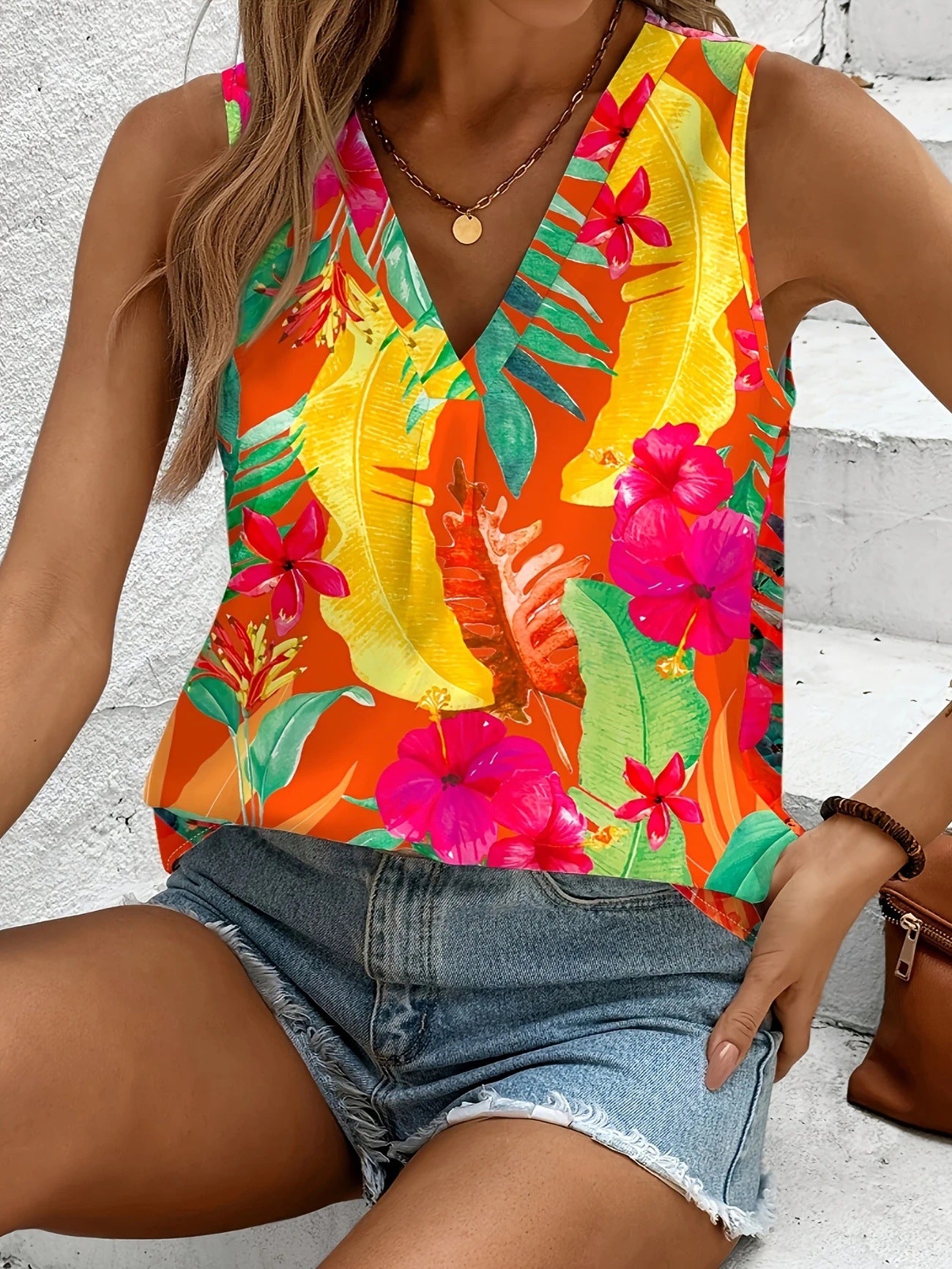 Women Viscose Top with Tropical Flower Pattern and V-Neck Ivyshape