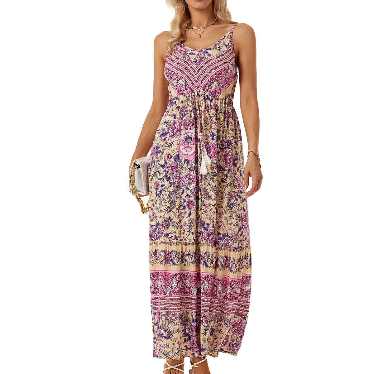 Women's Flower Bohemian Maxi Dress with Adjustable Strap Ivyshape