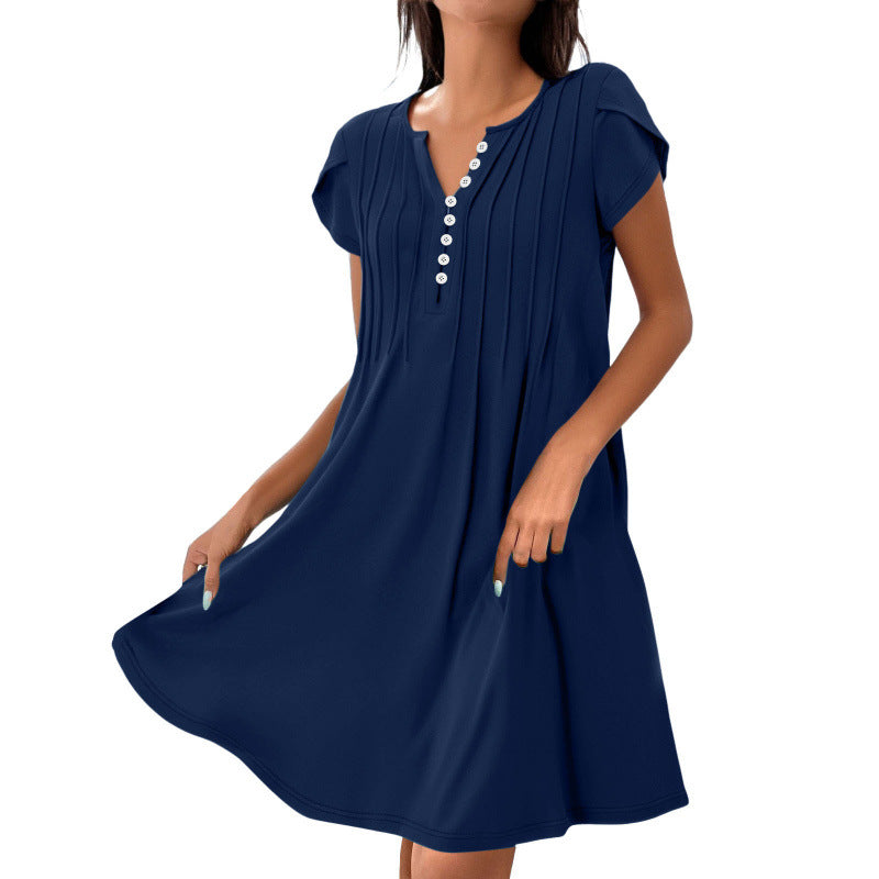 Women's Casual Short Sleeve Dress with Pleated Details and Button Placket Ivyshape
