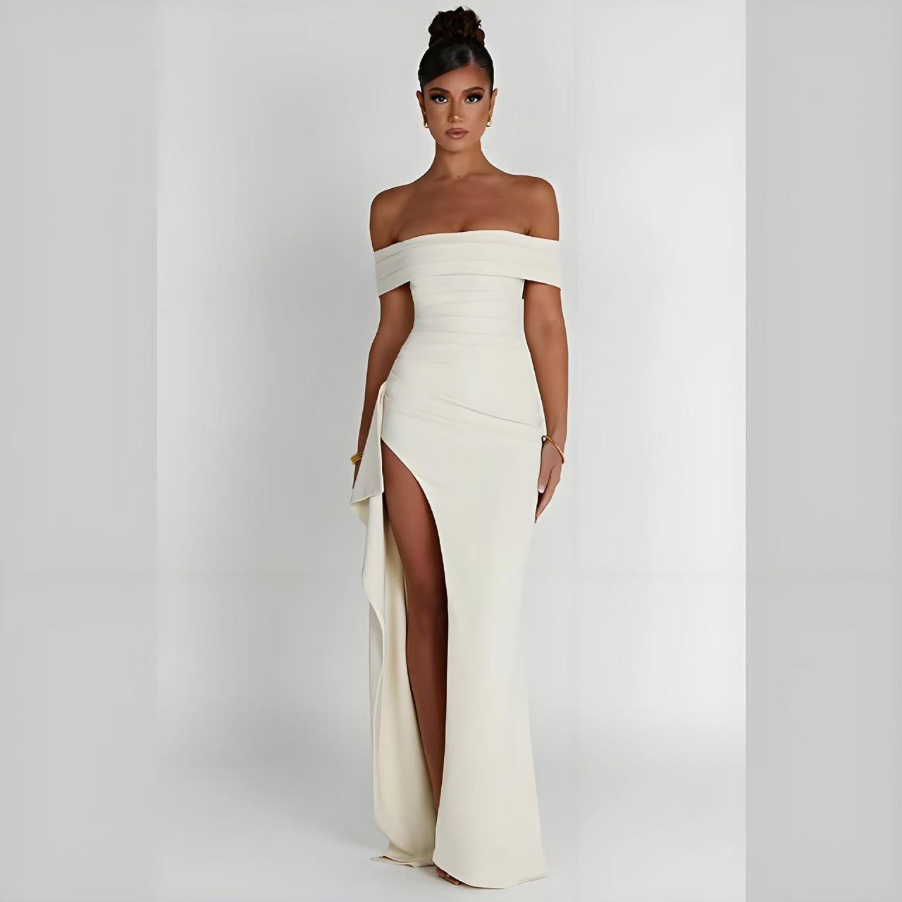 Women's Elegant Off-Shoulder Evening Dress with High Split and Tailored Fit Ivyshape