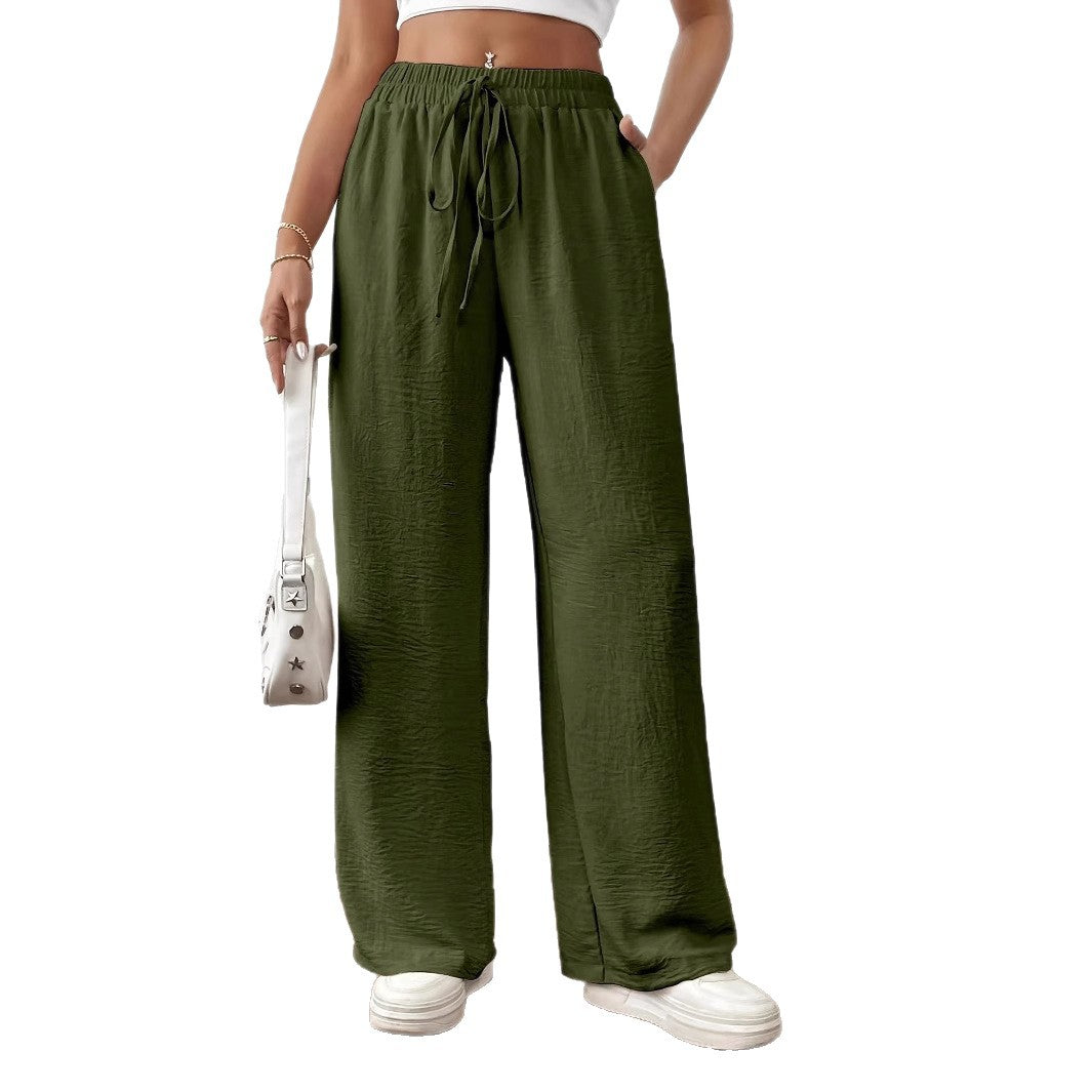 Women's Summer Palazzo Pants with Elastic Waistband and Tie Belt Ivyshape