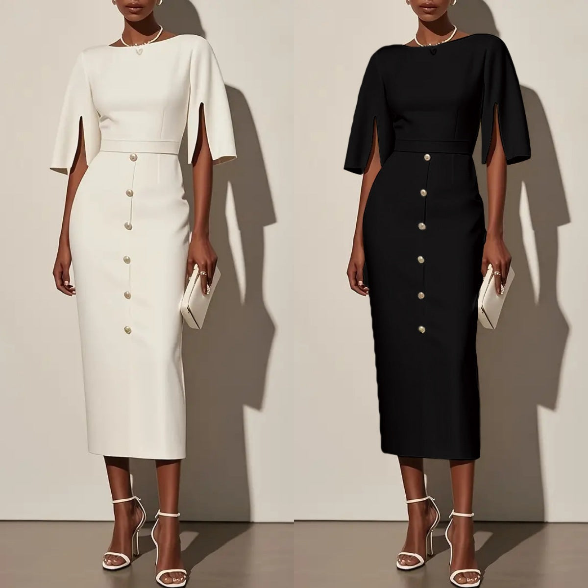 Ladies Stylish Button Placket Midi Dress Ivyshape