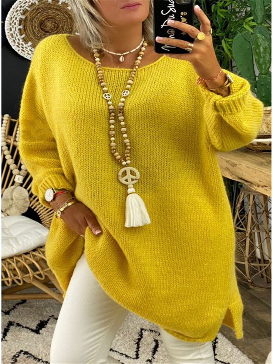 Women's casual long sleeve knitted sweater in oversized style with side slits Ivyshape