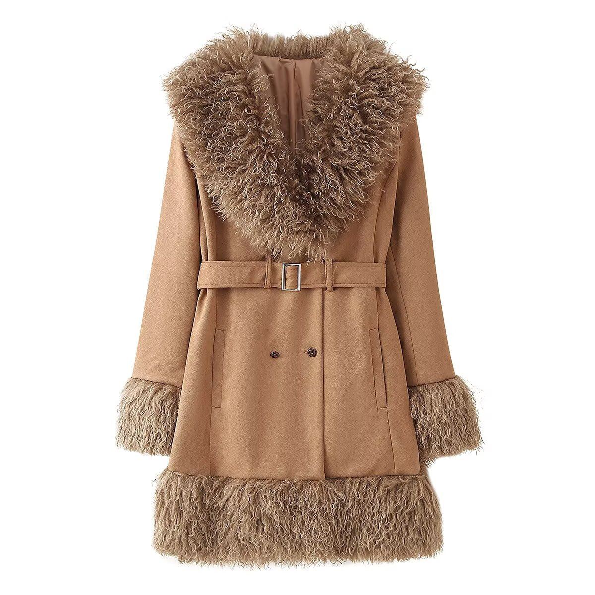 Women Elegant Teddy Jacket with Waist Belt and Voluminous Collar Ivyshape