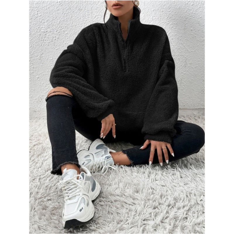 Ladies Fluffy Teddy Pullover with Half Zip and Kangaroo Pocket Ivyshape