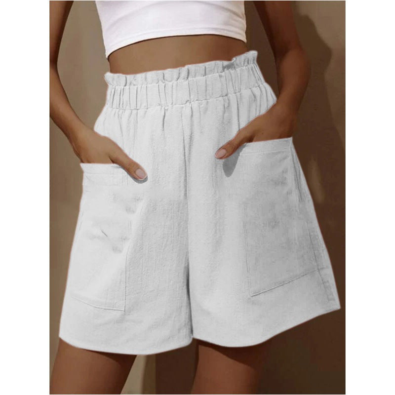 Women's casual linen shorts with elastic waist drawstring and practical side pockets Ivyshape