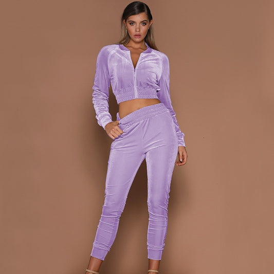 Ladies Velour Loungewear Set with high-collar jacket and elastic waistband Ivyshape