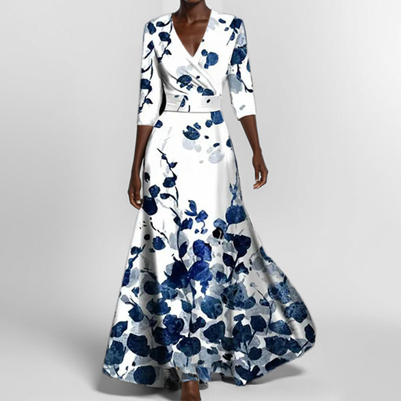 IvyShape | Elegant V-Neck Printed Tie Waist Flared Maxi Dress