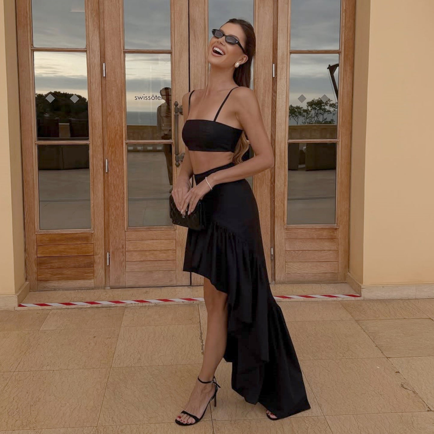 Women elegant two-piece set with crop top and asymmetrical skirt Ivyshape