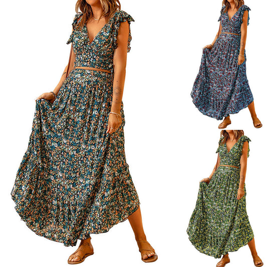Ladies maxi dress with ruffle details and floral design Ivyshape