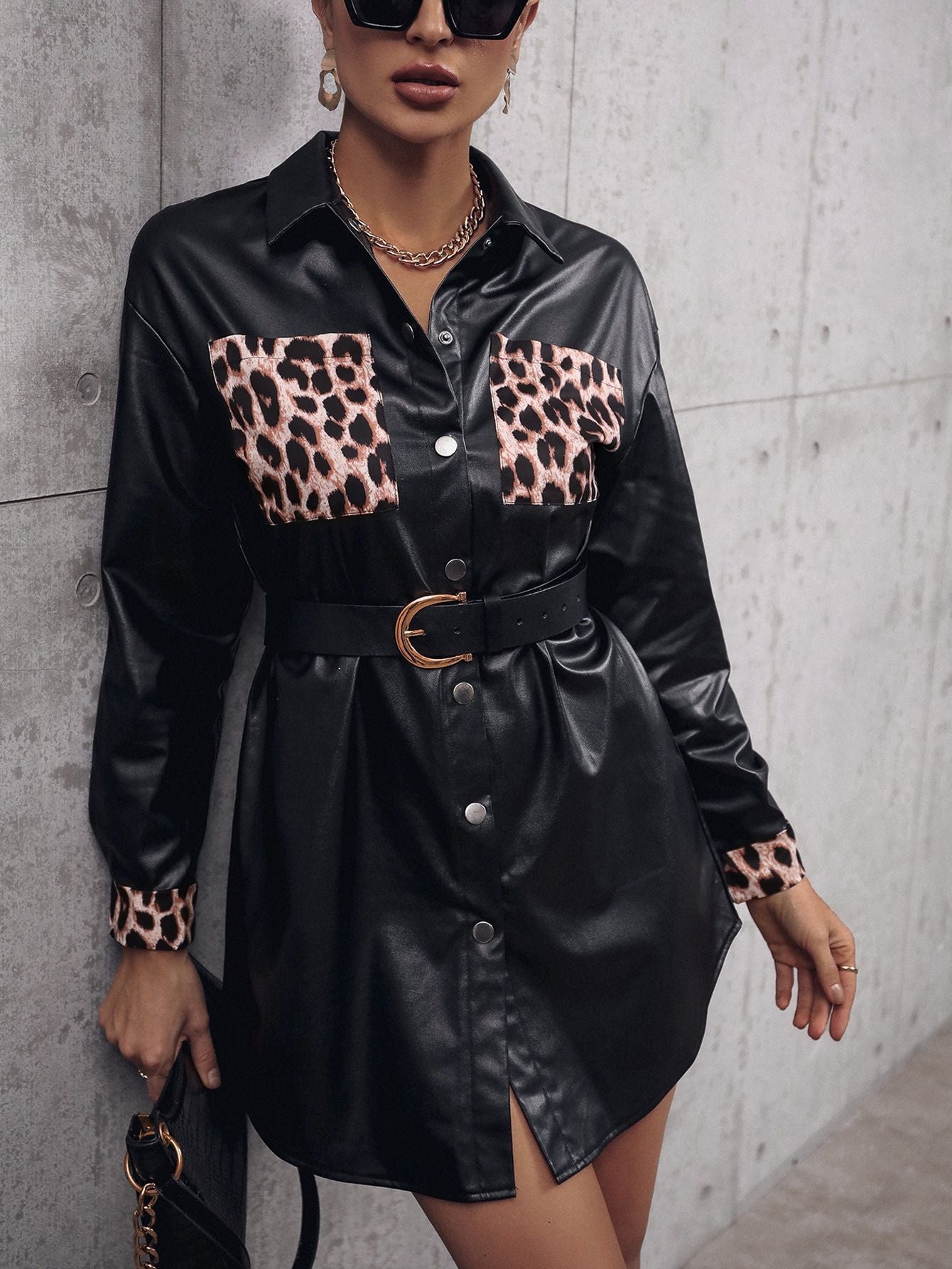 Women Faux Leather Shirt Dress with Animal Print and Adjustable Belt Ivyshape