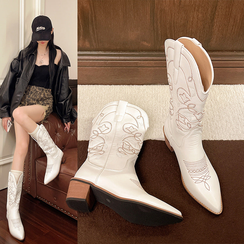 Women's cowboy boots with elegant embroidery and classic block heel Ivyshape