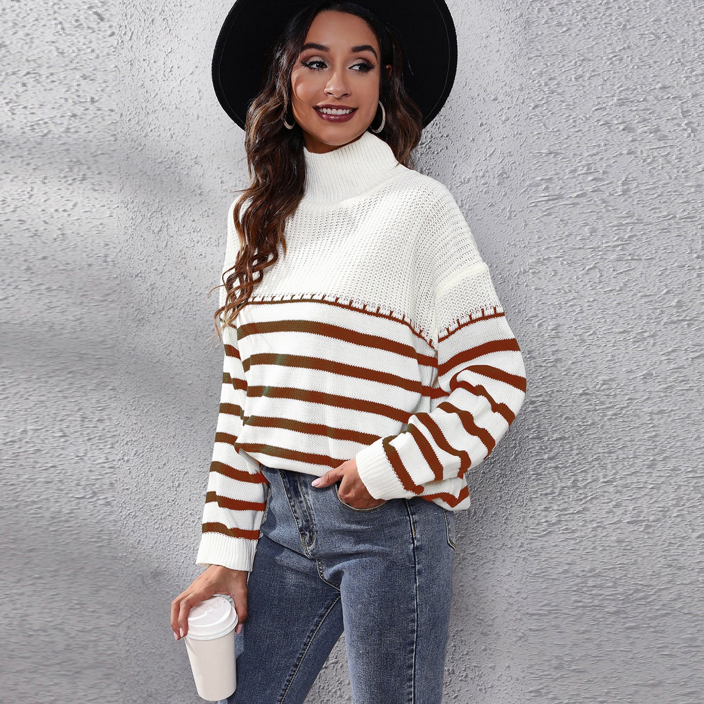 Ladies Comfortable Turtleneck Sweater with Modern Stripe Pattern Ivyshape