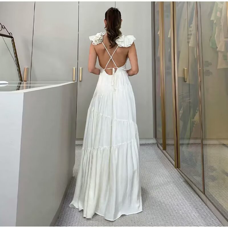 Women's maxi dress with a flowing ruffle design and elegant V-neck Ivyshape