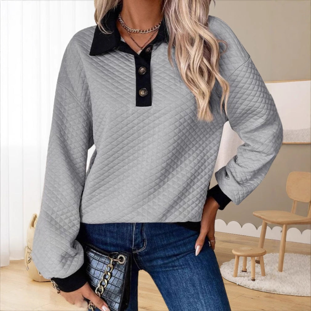 Women's quilted pullover with collar and button placket Ivyshape