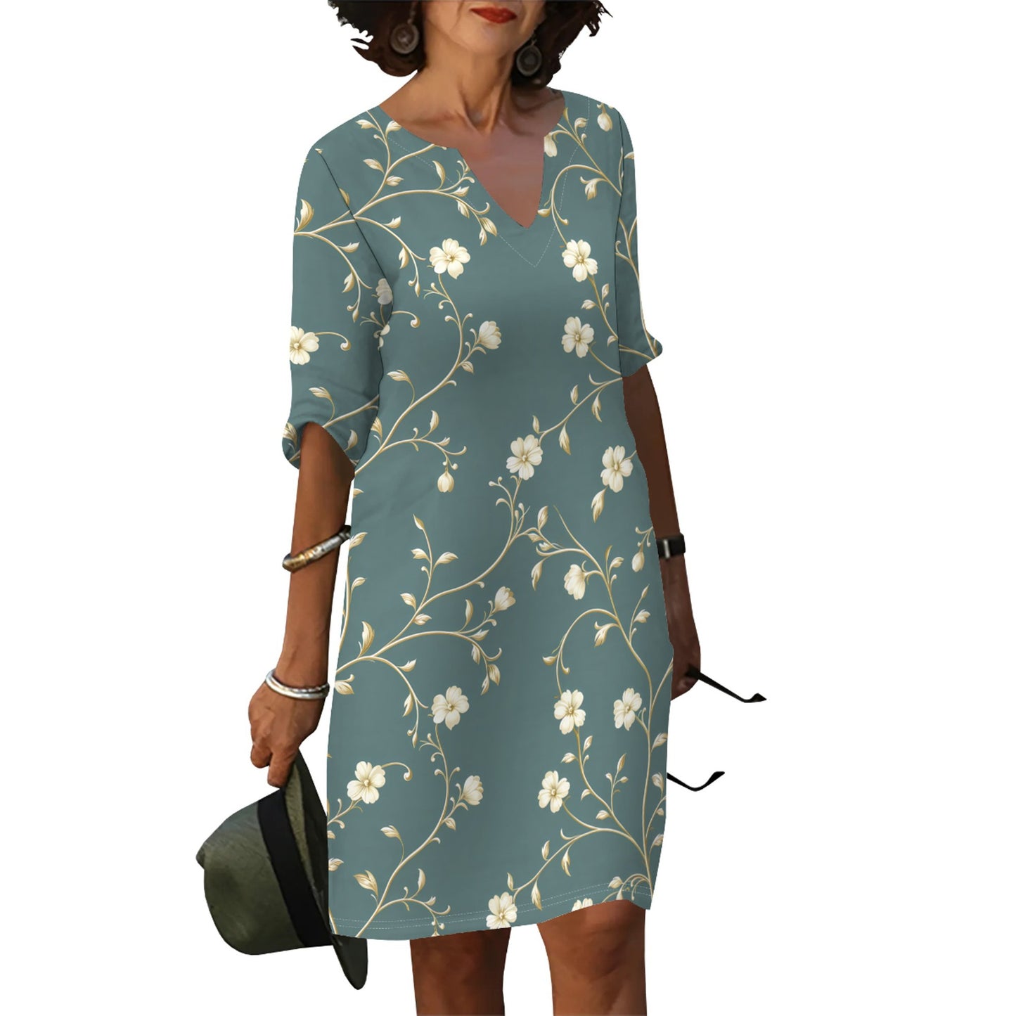 Ladies summer floral dress with V-neck and loose fit Ivyshape