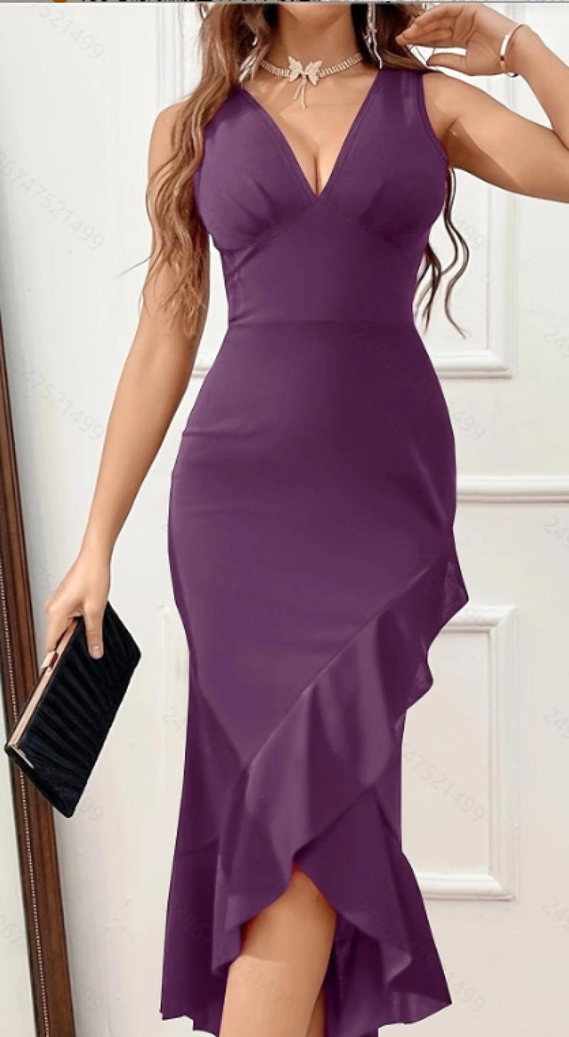 Women Elegant Wrap Dress with Deep V-Neck and Playful Ruffle Hem Ivyshape