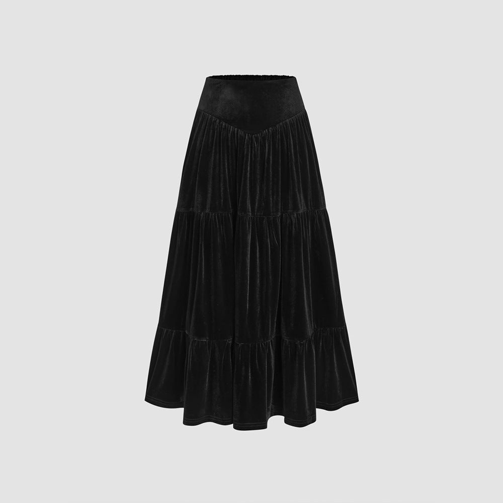 IvyShape | Mid-Length Elegant Ruffled Velvet Skirt