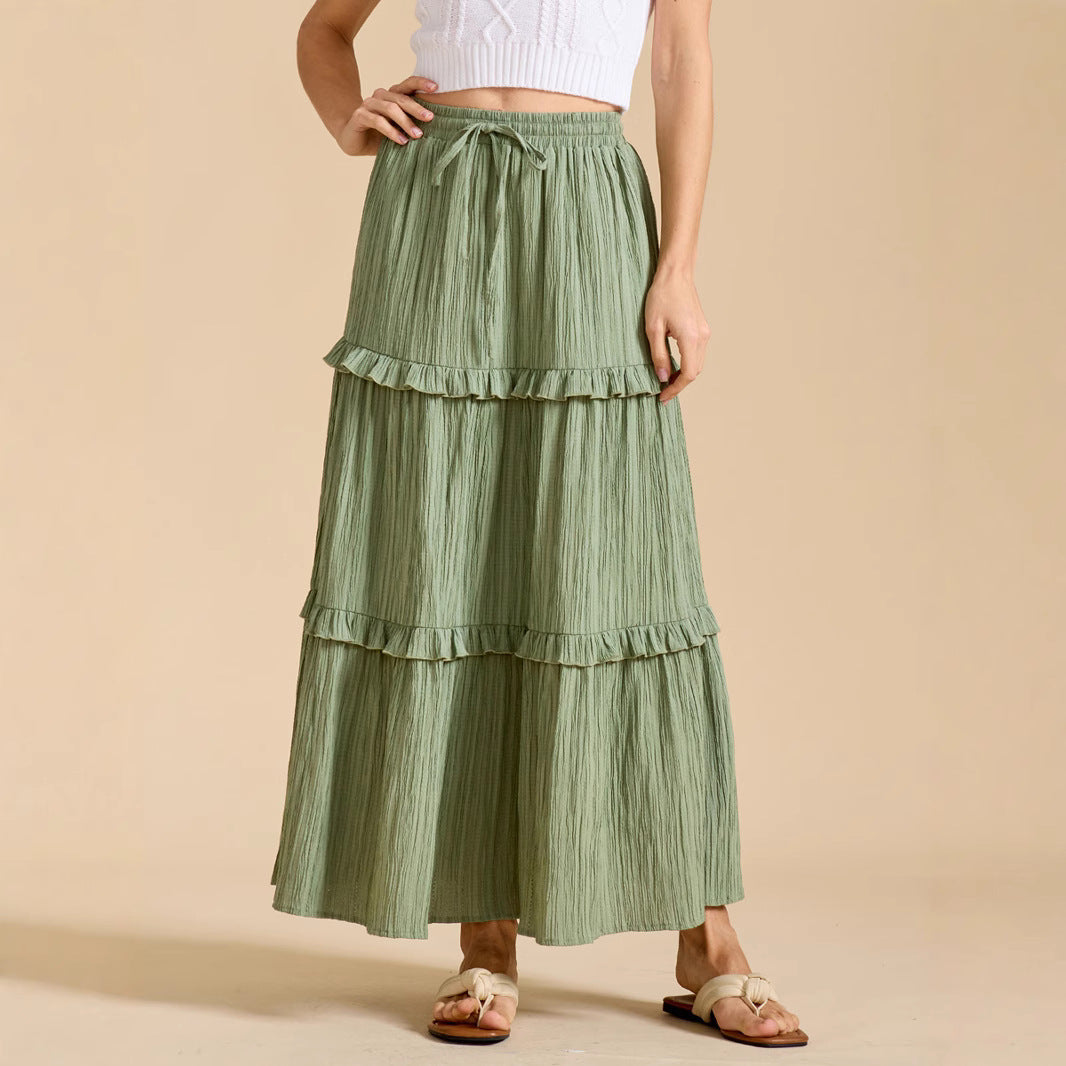 Women's Long Flared Skirt with Ruffles and Elastic Waist Ivyshape