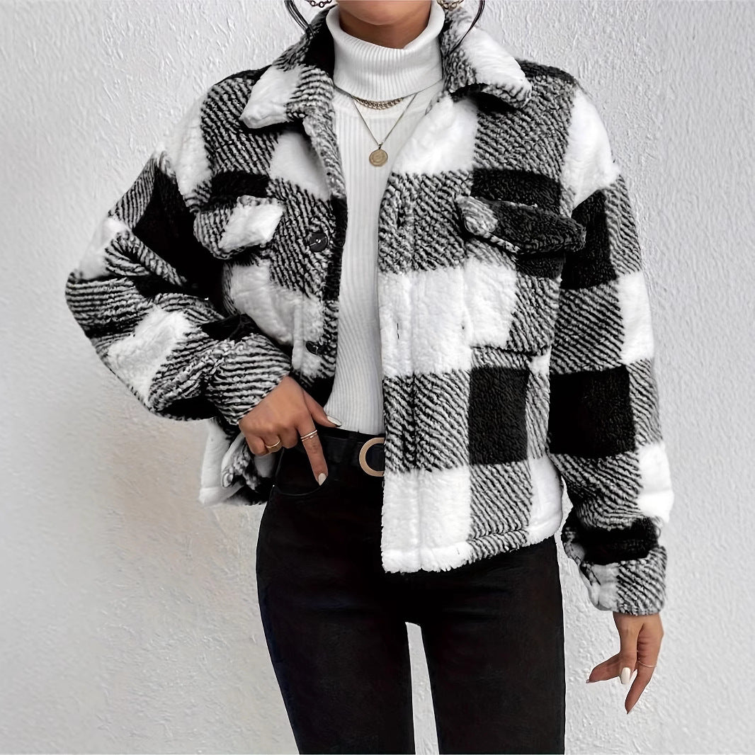 Women's Cosy Check Jacket with Fold-Down Collar Ivyshape