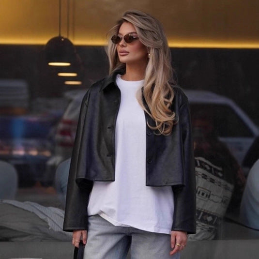 Women Fashionable cropped Faux Leather Jacket with Stylish Details Ivyshape