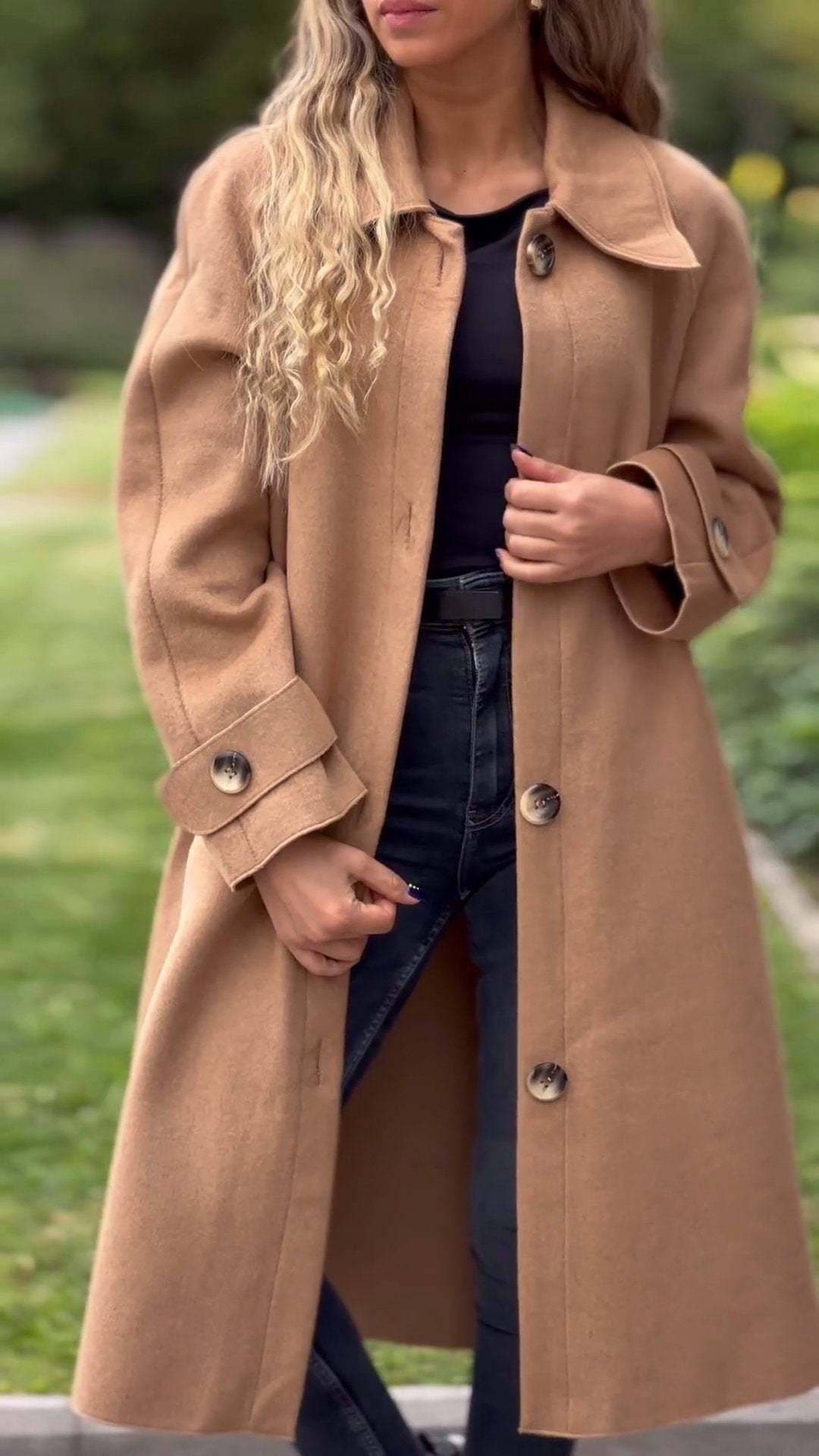 Ivyshape | Solid Color Button Wool Trench Coat