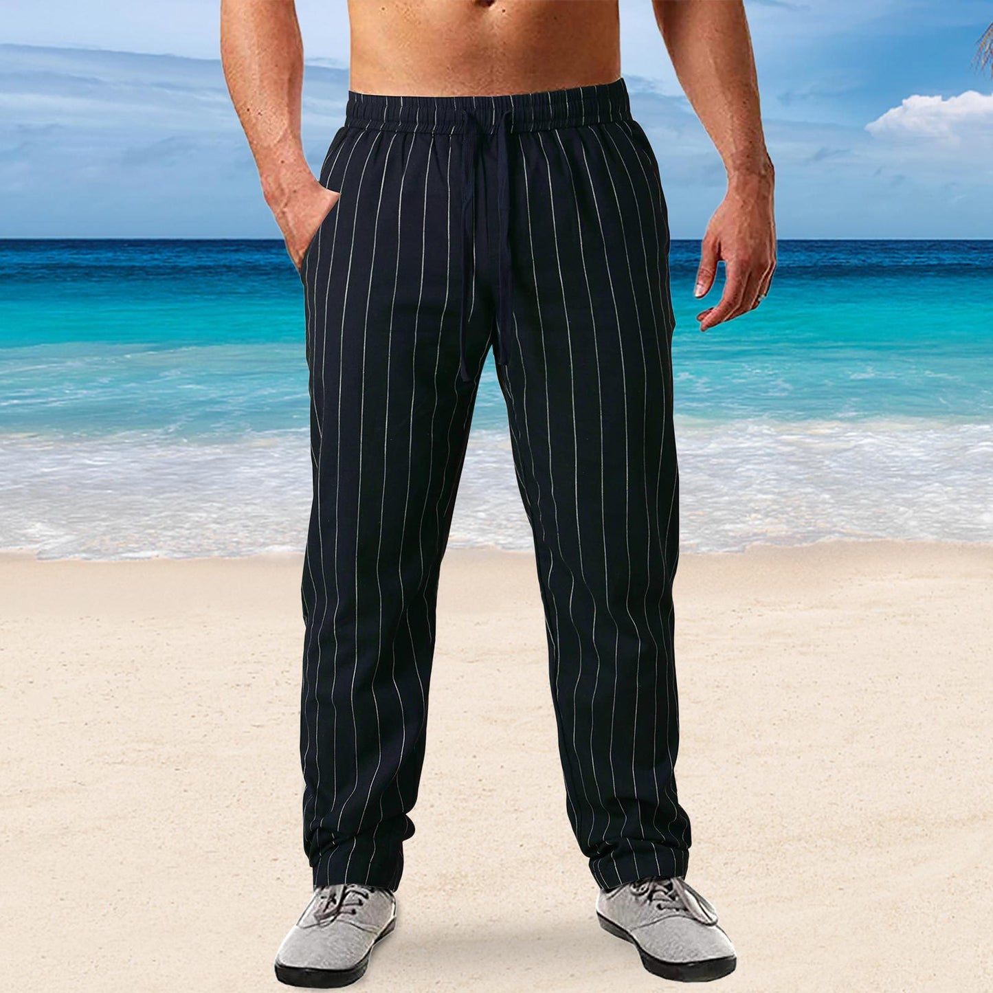 Men's casual striped pants made of cotton blend with elastic waistband and practical side pockets Ivyshape