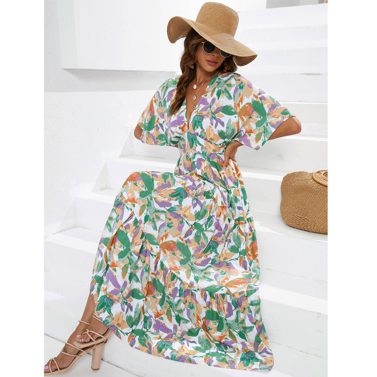 IvyShape | Waist-Cinched Tiered Seaside Beach Vacation Dress