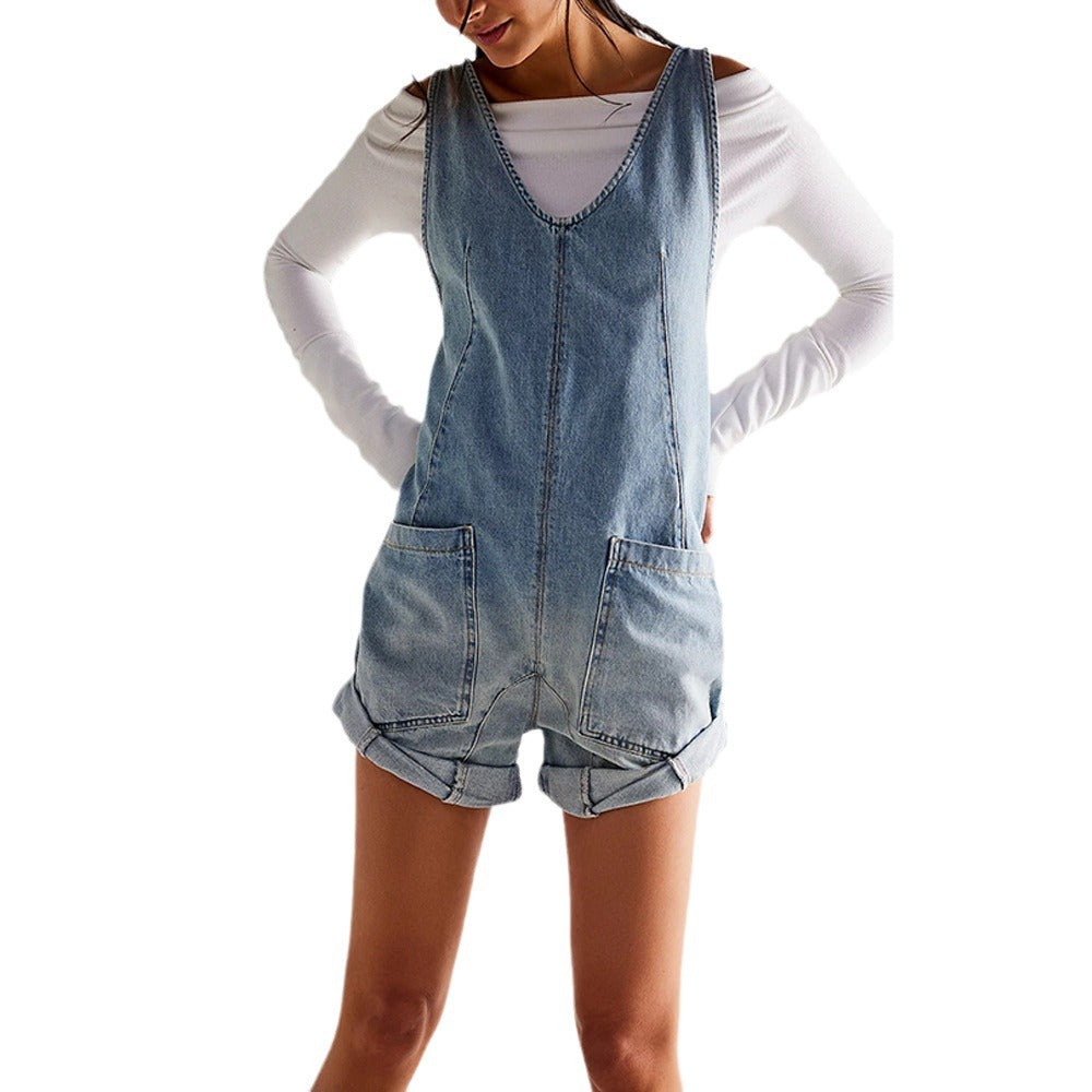 IvyShape | Washed Denim Adjustable Strap Shorts Jumpsuit