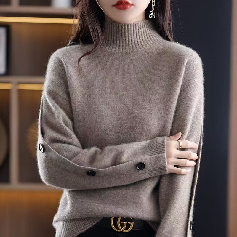 Women Elegant Turtleneck Sweater with Button Details and Soft Material Ivyshape