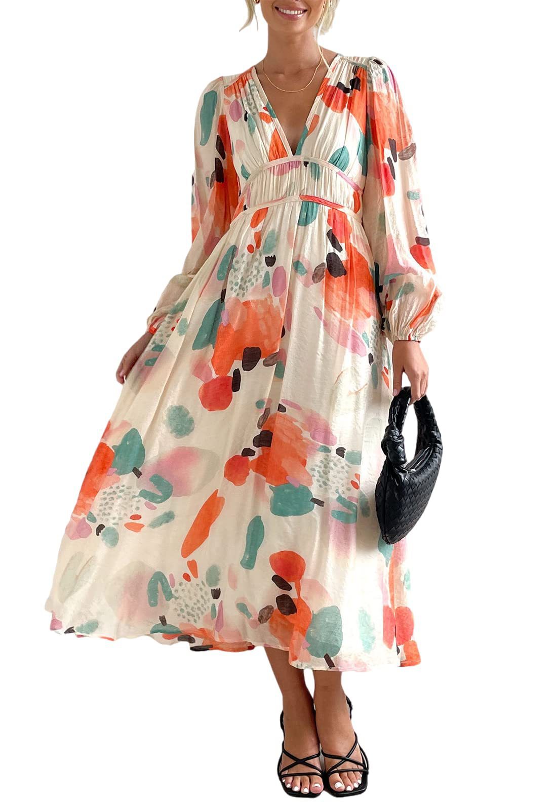 Ivyshape | Women’s Printed V-Neck Long Sleeve Summer Maxi Dress