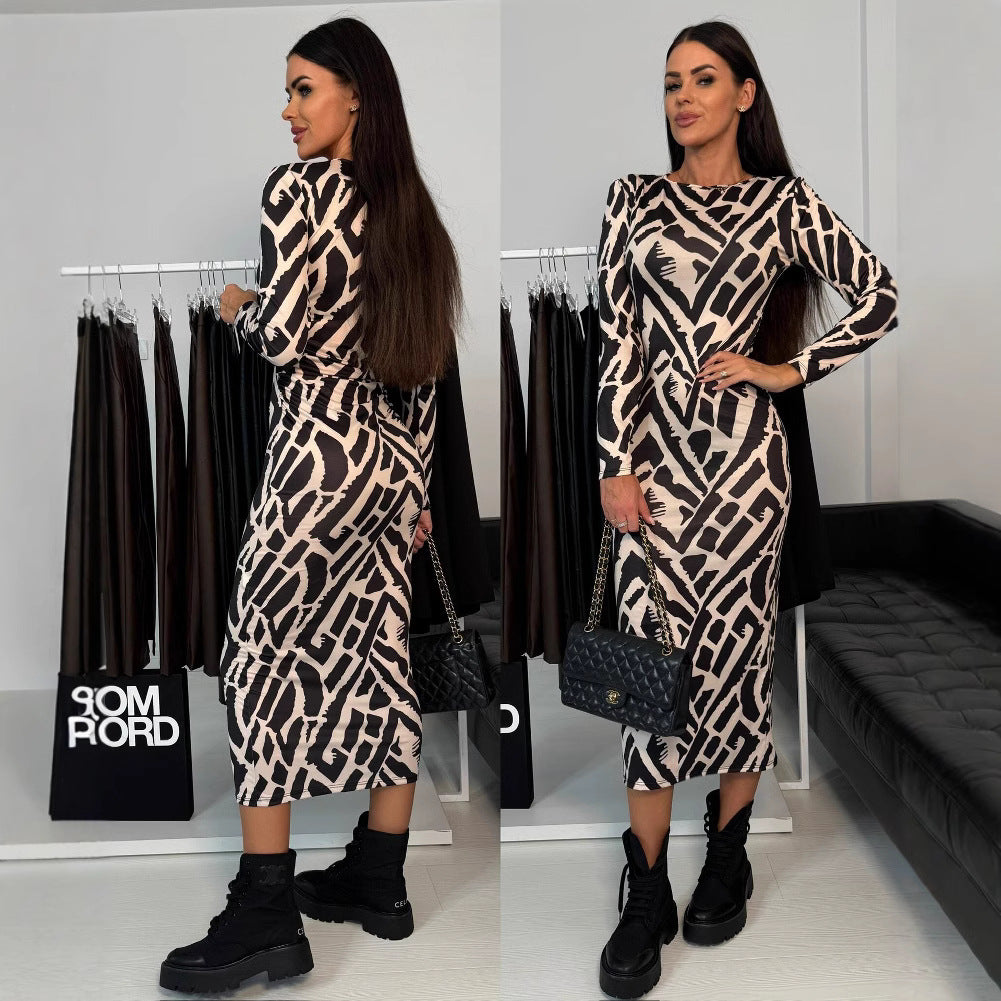 Women Figure-hugging Dress with Graphic Pattern and Long Sleeves Ivyshape