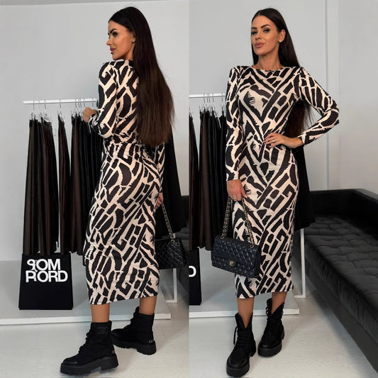 Women Figure-hugging Dress with Graphic Pattern and Long Sleeves Ivyshape