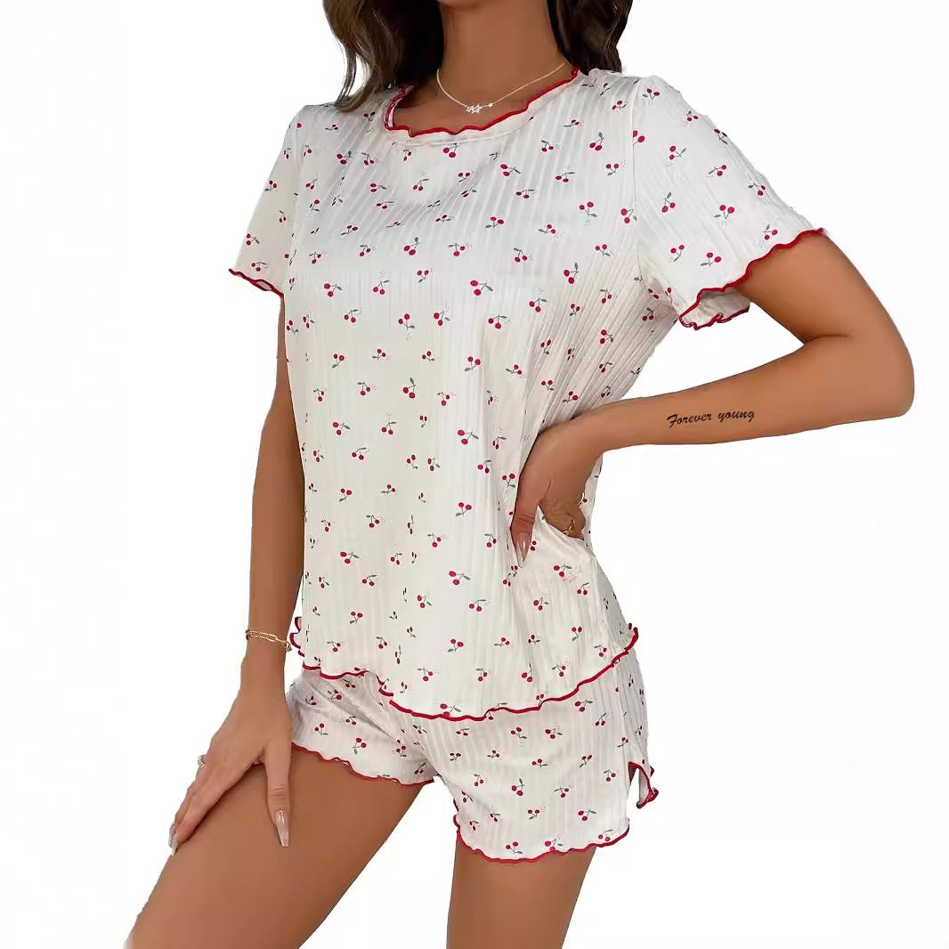 Women's Pajama Set with Elegant Lace Detail and Cheerful Cherry Pattern Ivyshape