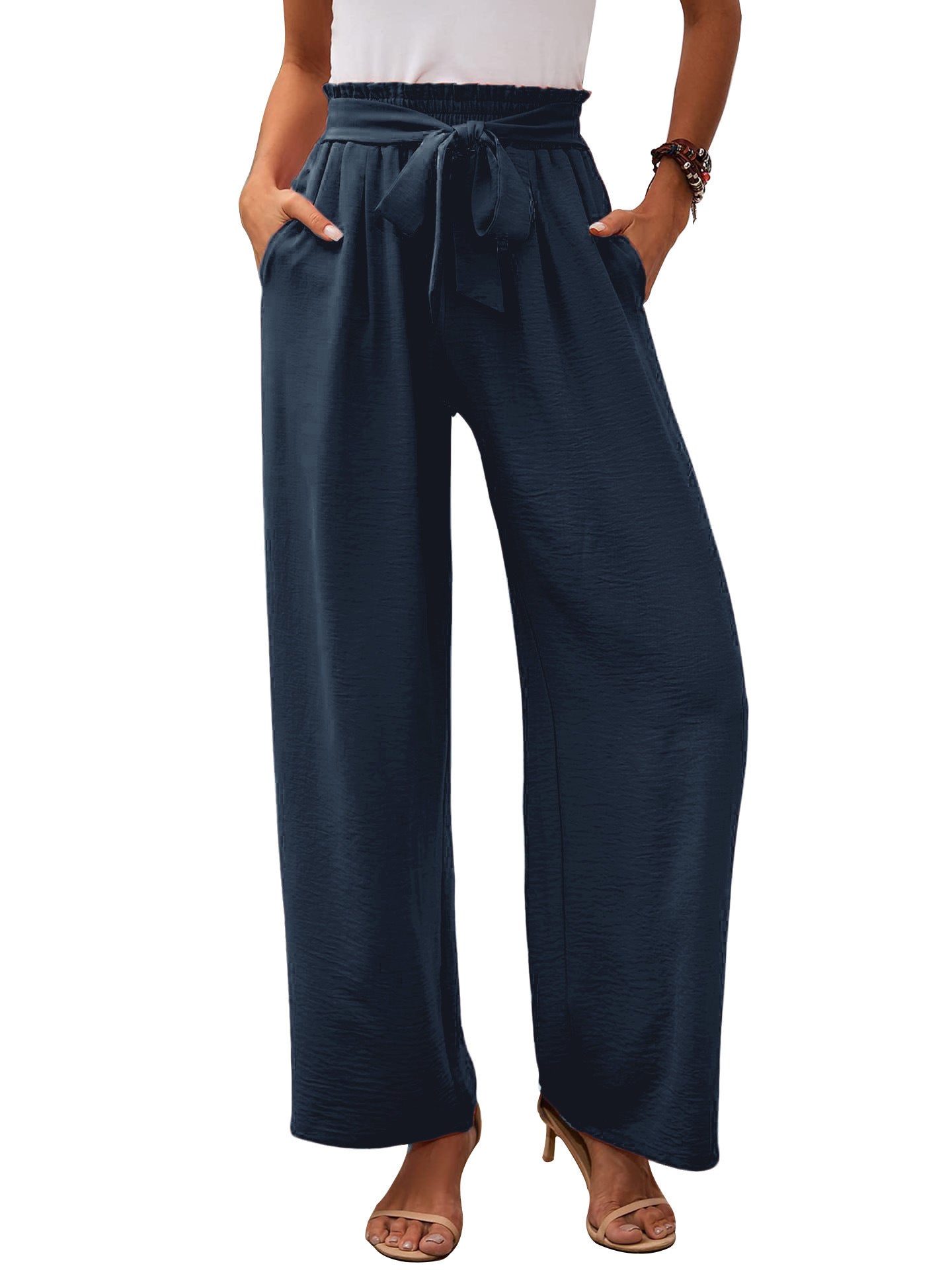Women's Wide Fabric Trousers with Elastic Waistband and Belt Detail Ivyshape