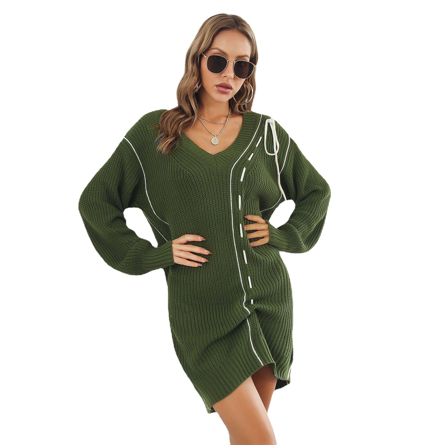 Women Large V-Neck Knit Dress with Decorative Seams Ivyshape