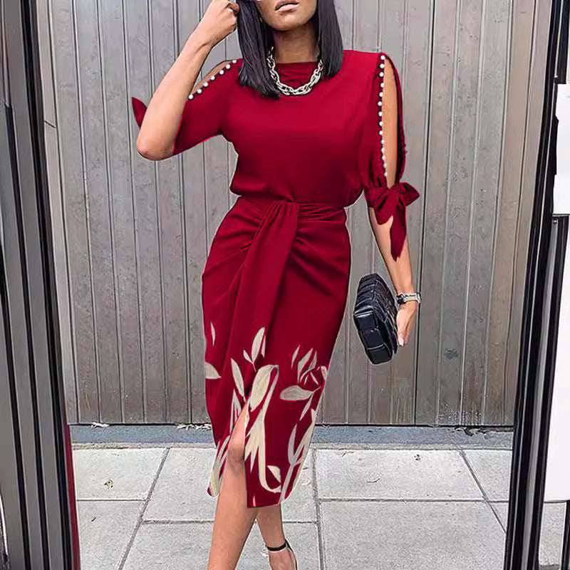 Elegant midi dress for women with stylish cut-out sleeves Ivyshape