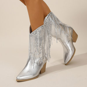 Ivyshape | Silver Fringe Cowboy Ankle Boots