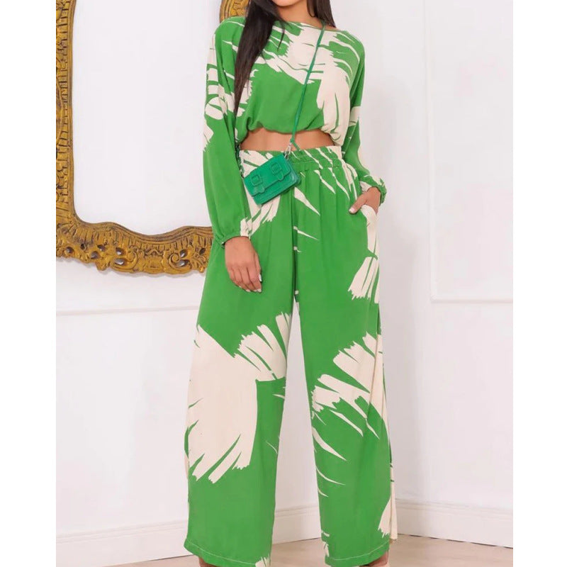 IvyShape | Round Neck Top High Waist Wide Leg Pants Set