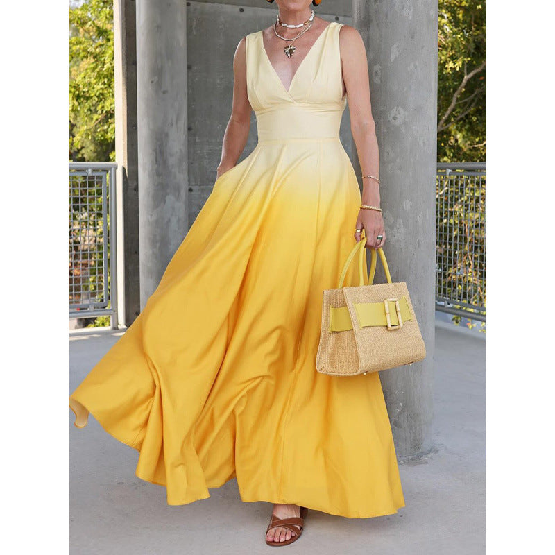 Women Elegant V-Neck Gradient Maxi Dress Ivyshape
