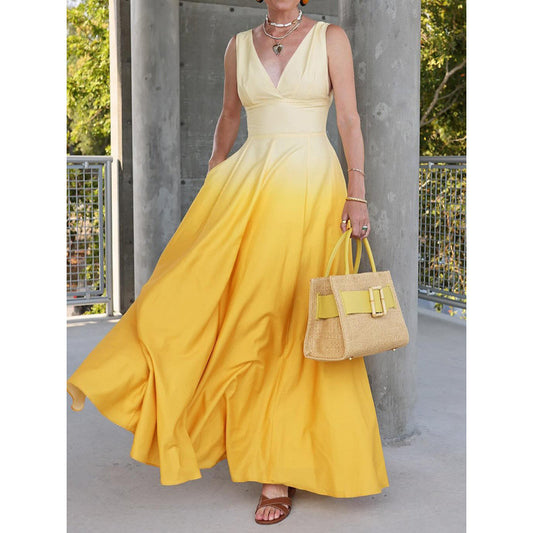 Women Elegant V-Neck Gradient Maxi Dress Ivyshape