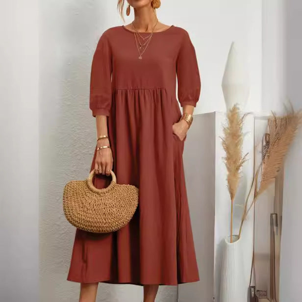 Women’s Cotton Midi Dress with Balloon Sleeves and Pockets Ivyshape