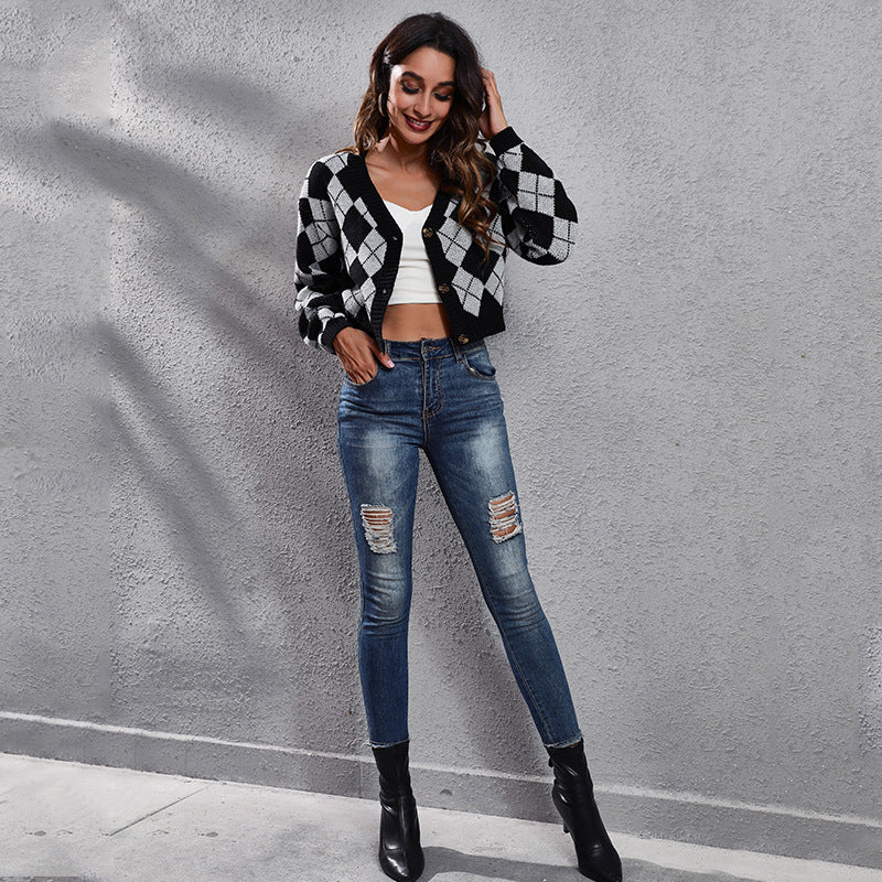 Ladies chunky knit cardigan with modern diamond pattern and button details Ivyshape