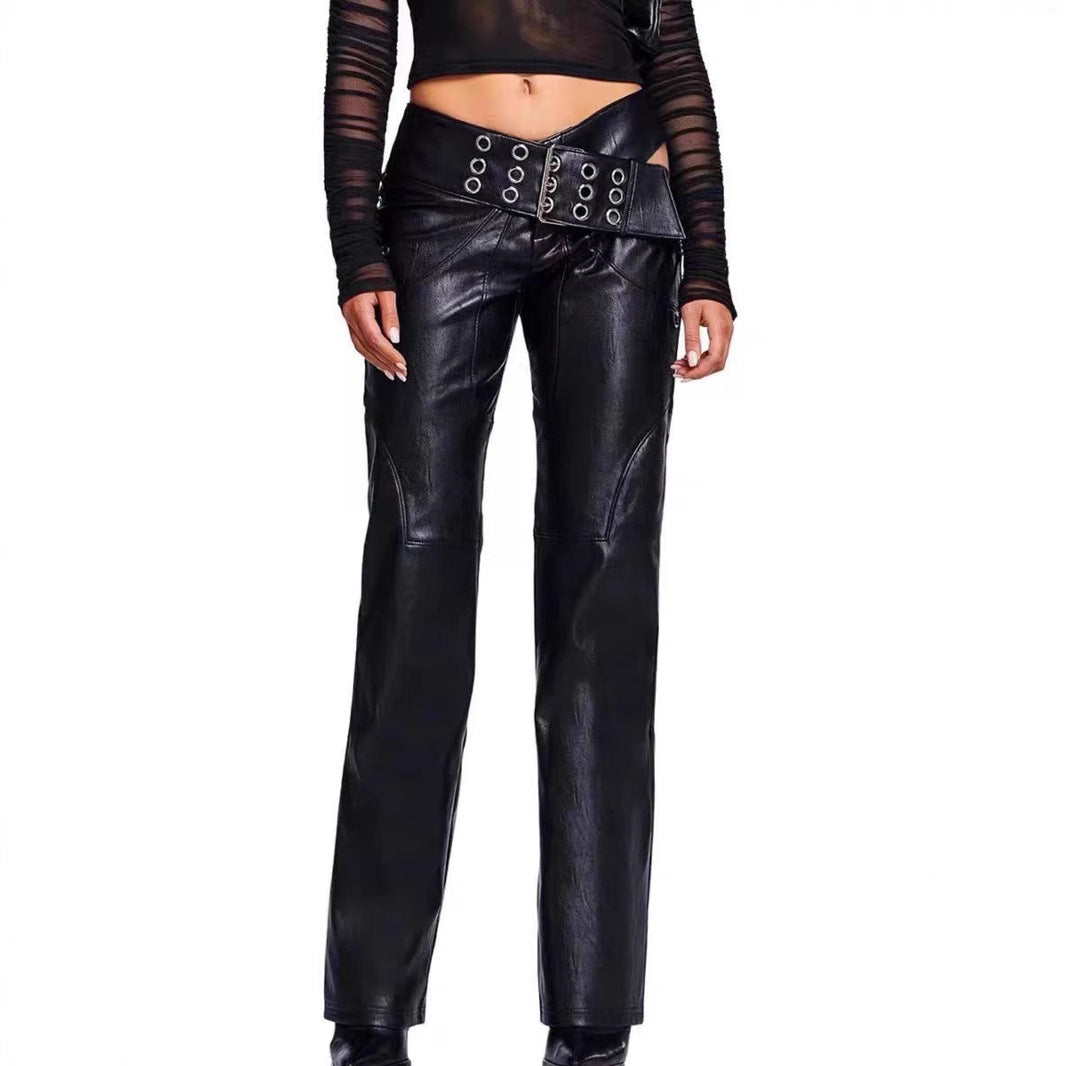 High-waisted utility pants made of faux leather for women Ivyshape
