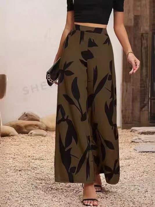 Women Wide Cut Palazzo Pants with Floral Pattern and Elegant Waistband Ivyshape