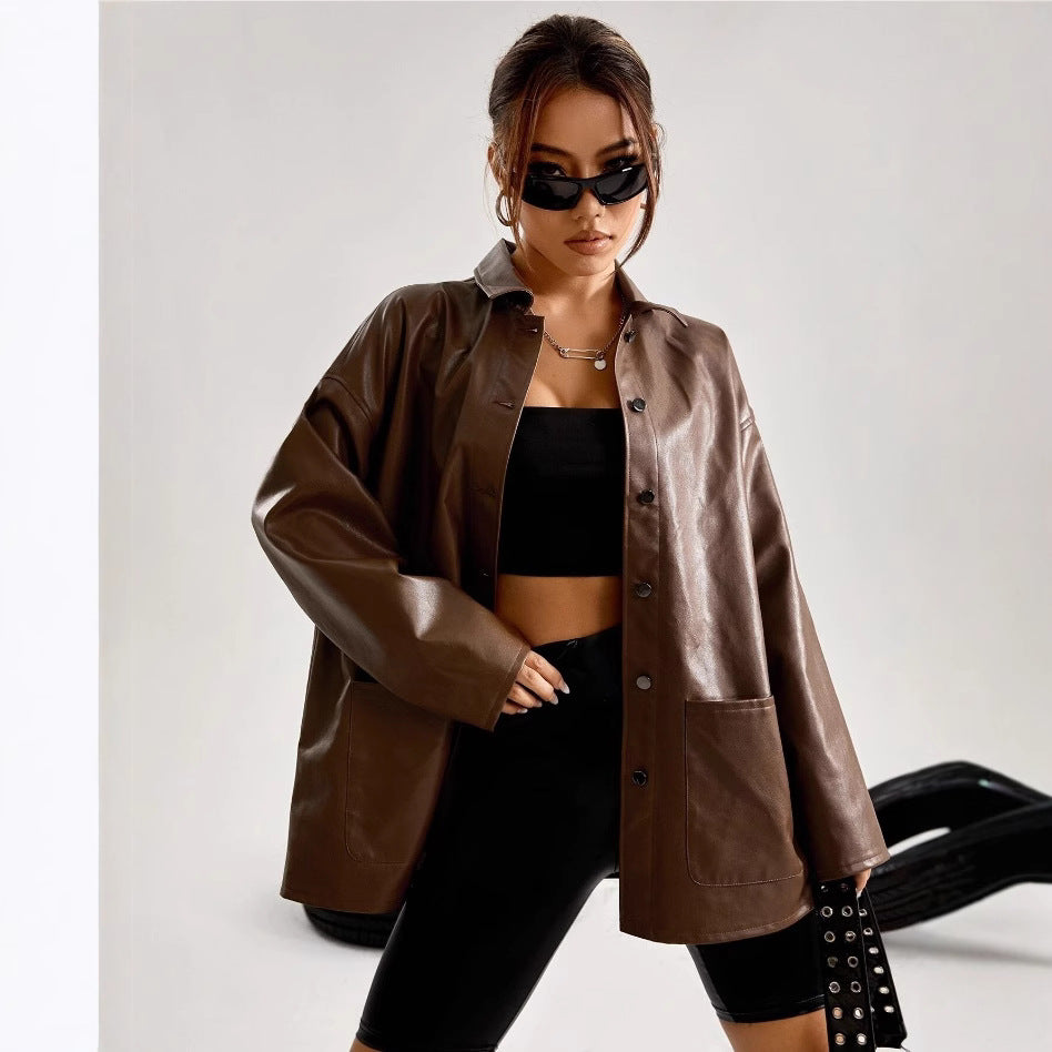 Ladies Stylish Oversized Leather Jacket Ivyshape