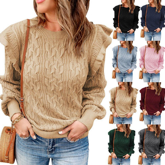 Women's knit sweater with ruffled sleeves and cable pattern Ivyshape