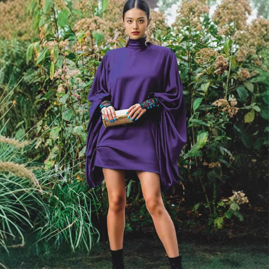 Ladies fashionable plus size mini dress with voluminous sleeves and elegant stand-up collar Ivyshape