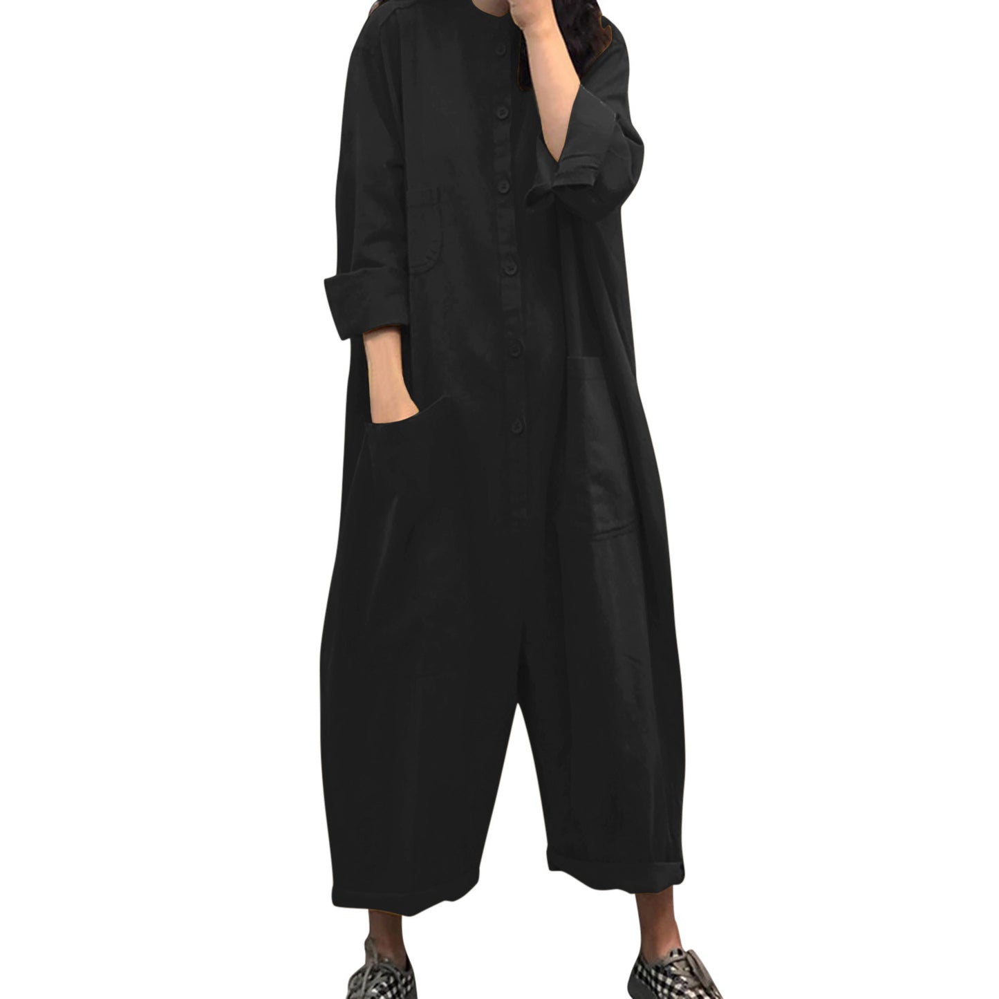 Women's Casual Jumpsuit with Oversized Pockets and Button Closure Ivyshape