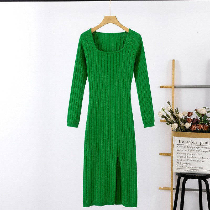 IvyShape | Round Neck Split Knit Long Dress